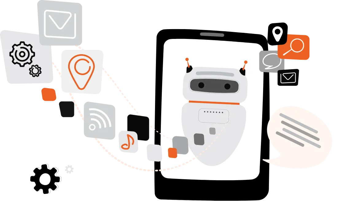 A graphic of a smartphone displaying an AI chatbot interface surrounded by icons representing various services such as gear for settings, location pin, check mark for tasks, music note, and wifi signal, indicating a multifunctional chatbot technology.  A Qquench Contagion illustration.