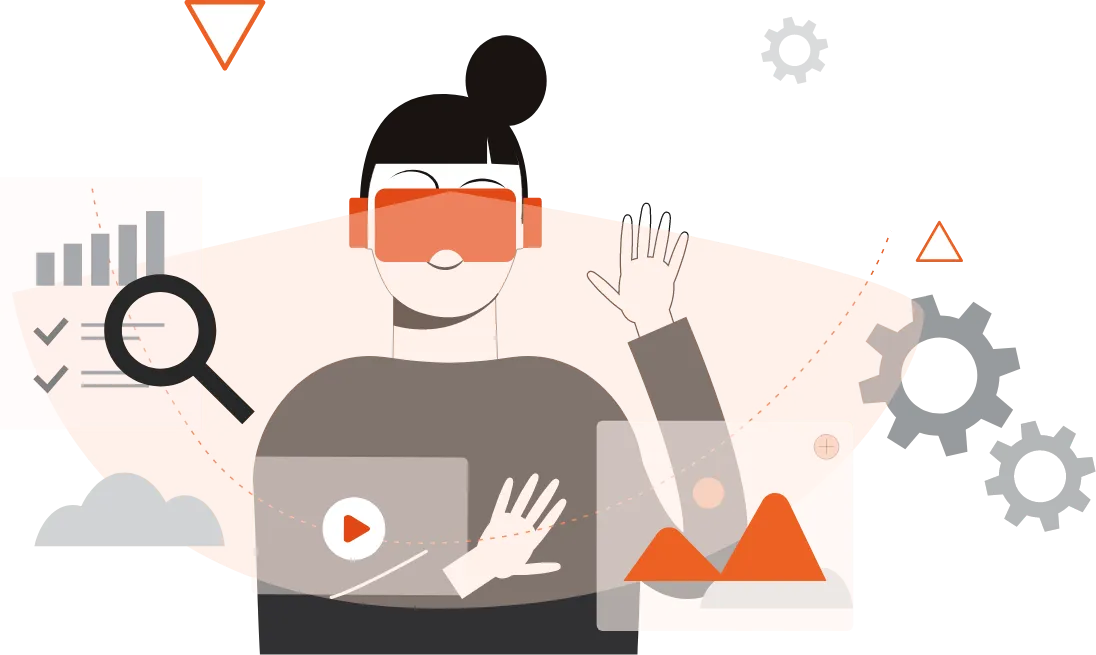 A woman with a virtual reality headset is gesturing with her hands, interacting with augmented reality elements like gears, graphs, magnifying glass, and multimedia icons, representing AR/VR experience design in a creative and analytical setting. A Qquench Contagion illustration.