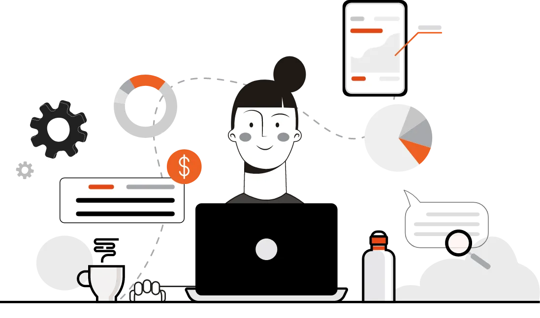 Illustration of a content analyst at a laptop with analytical icons such as a gear, charts, dollar sign, coffee cup, and magnifying glass, representing the integration of analytics in business strategy and financial performance. A Qquench Contagion illustration.