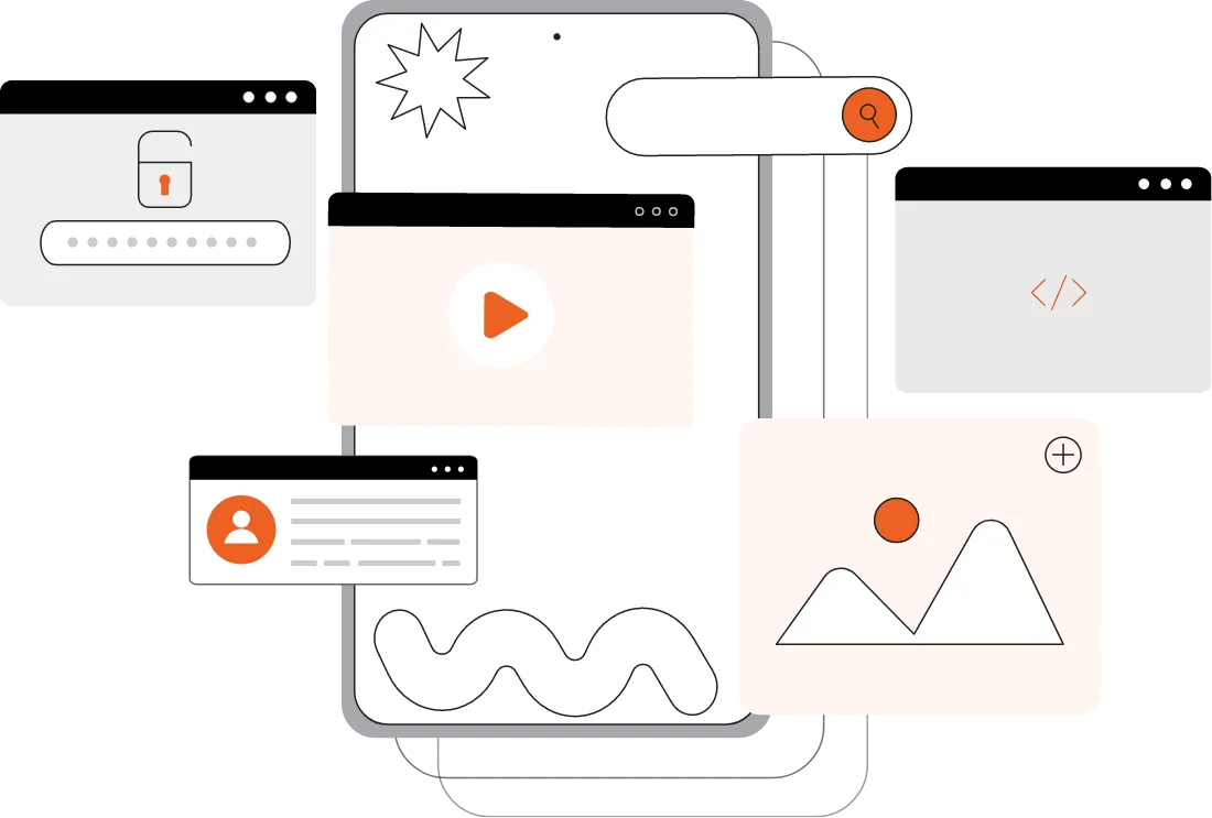 Abstract collage of app design elements featuring a mobile screen with a play button, search functionality, code brackets, user profile interface, secure login padlock, and image upload option, symbolizing the app design and development process. A Qquench Contagion illustration."
