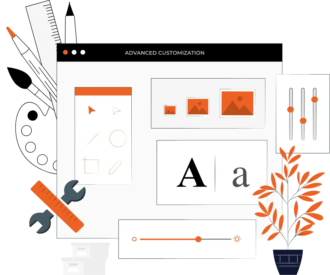 A graphical representation of a brand style guide with design tools, including a palette, brushes, ruler, and wrench, alongside customizable interface elements such as typography samples, image placeholders, and slider controls, emphasizing advanced customization in brand styling. A Qquench Contagion illustration.