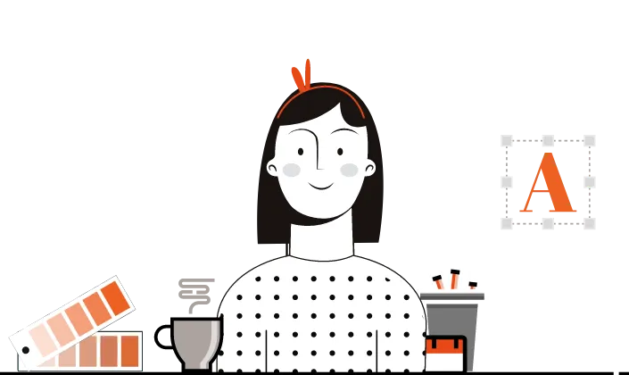 Contagion UI UX Company - "Illustration of a smiling female designer with a headband working on a laptop, surrounded by creative icons like a light bulb, ruler, 'A' in a typesetting box, color swatches, and a cup of coffee, representing UI/UX design expertise. A Qquench Contagion illustration.
