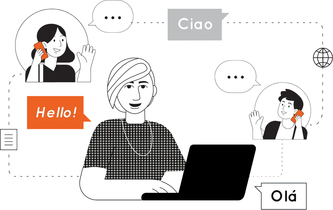 Illustration of a person providing multilingual support services, with speech bubbles in different languages saying 'Hello,' 'Ciao,' and 'Olá,' depicting global communication and customer assistance. A Qquench Contagion illustration.