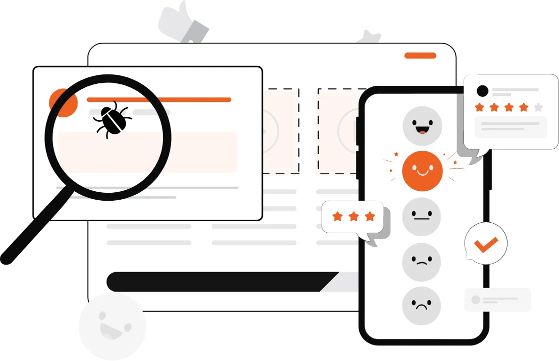 Illustration of usability testing and user feedback collection, with a magnifying glass highlighting a bug on a website, and a mobile device showing various emoticon ratings from happy to sad, indicating a focus on user experience and interface quality. A Qquench Contagion illustration.