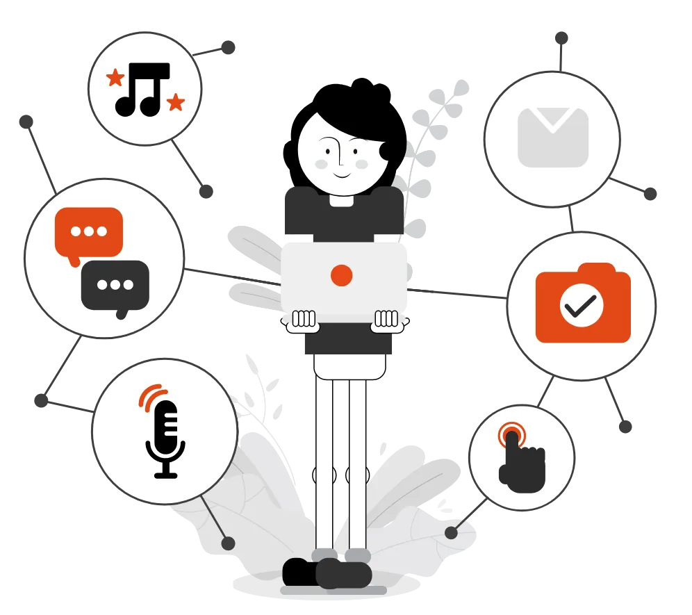 A user-centered design concept with a smiling person holding a laptop connected to various user interface symbols such as music, conversation, email, time, microphone, and touch, indicating a design process focused on user engagement and interaction. A Qquench Contagion illustration.