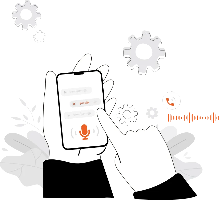 Hands interacting with a smartphone displaying a voice user interface, surrounded by icons representing gears, sound waves, and a timer, suggesting the functionality and design elements of VUI. A Qquench Contagion illustration.