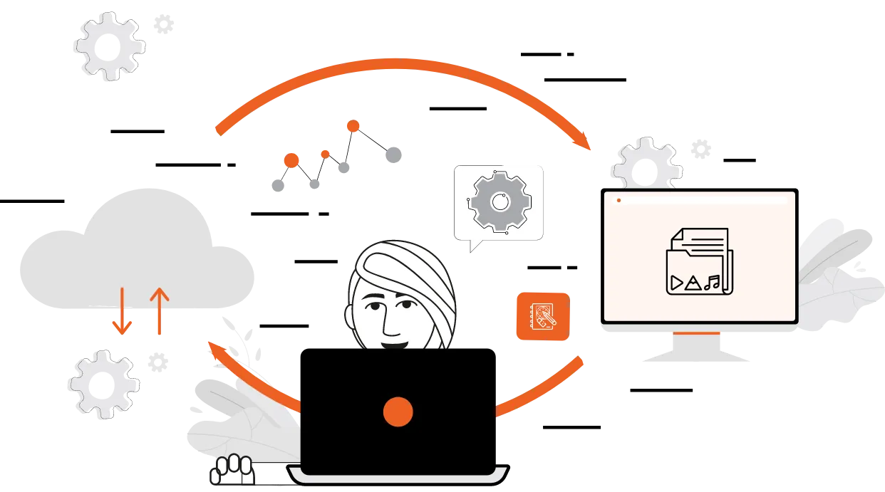 A focused individual working on a laptop with graphics representing website migration, including a cloud, directional arrows, gears, and data transfer, signifying the movement and updating of website elements to a new platform. A Qquench Contagion illustration.