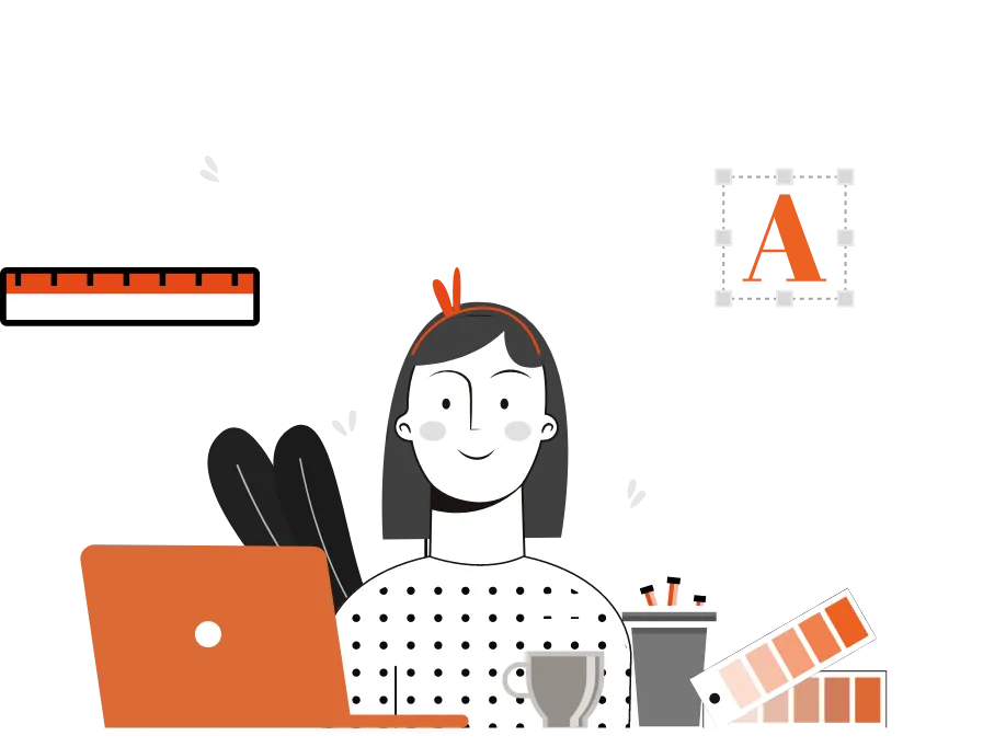 Illustration of a smiling female designer with a headband working on a laptop, surrounded by creative icons like a light bulb, ruler, 'A' in a typesetting box, color swatches, and a cup of coffee, representing UI/UX design expertise. A Qquench Contagion illustration.