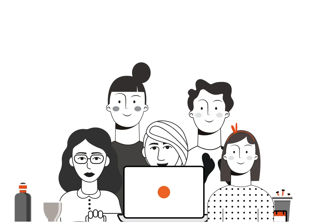 Illustration of a diverse team of five professionals gathered around a laptop, with creative icons like a light bulb, tag, music folder, and megaphone, symbolizing collaborative research and brainstorming in a dynamic work setting. A Qquench Contagion illustration.