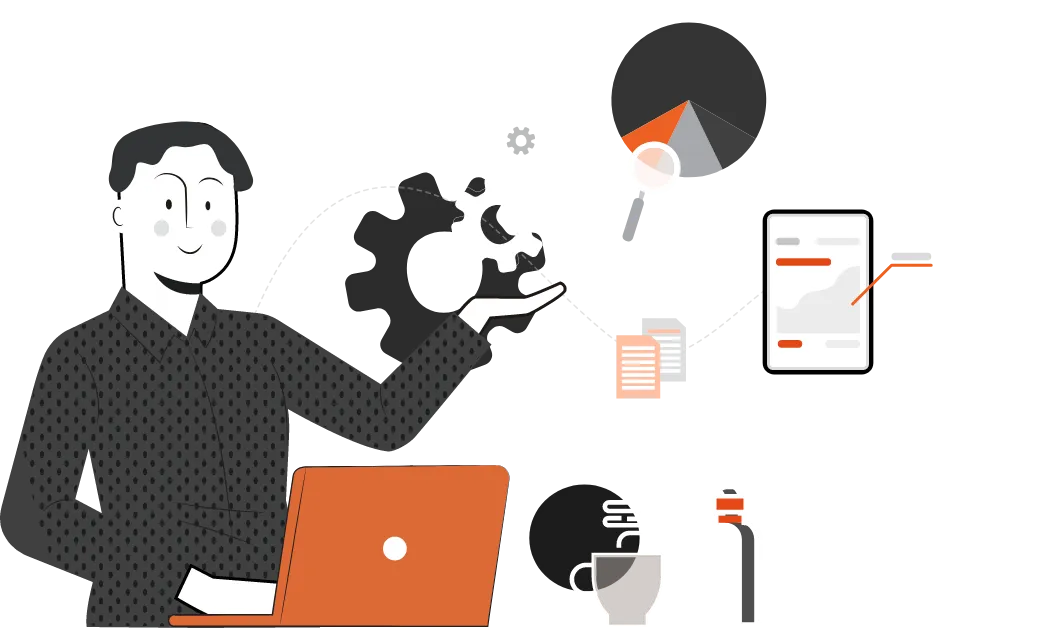 A professional male figure at a laptop connecting gears, symbolizing strategic planning in business, with related icons such as a magnifying glass on a chart, documents, mobile user interface, and a coffee mug, representing a productive work environment. A Qquench Contagion illustration.